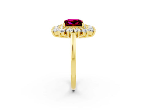 Yellow gold Princess Cut Halo Cluster Diamond Ring with Pave Band and Four-Prong Setting_2