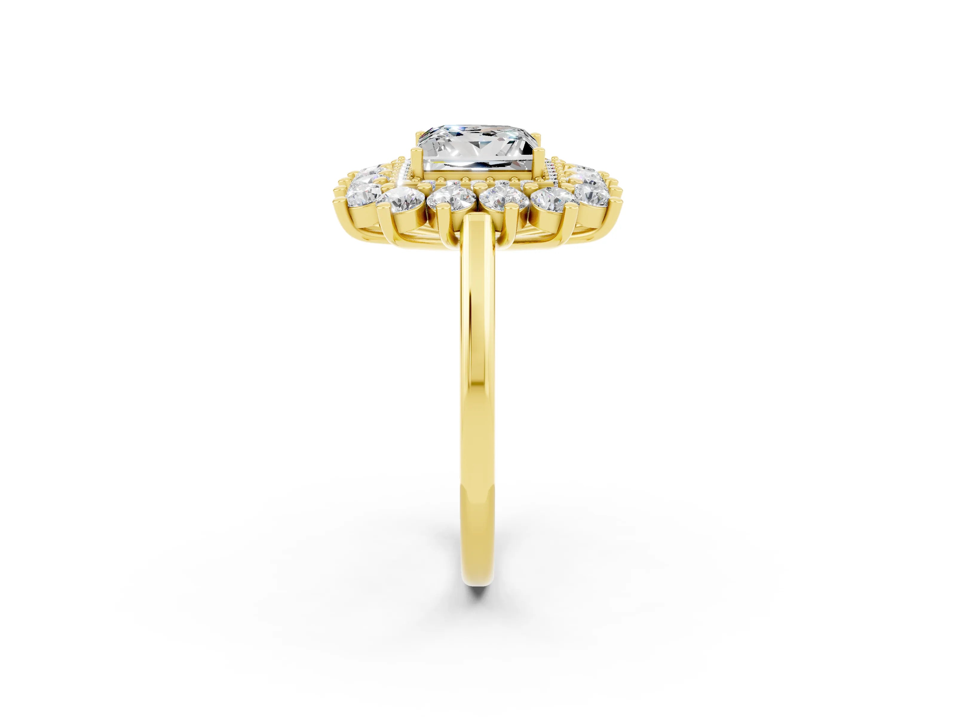 Yellow gold Princess Cut Halo Cluster Diamond Ring with Pave Band and Four-Prong Setting_2