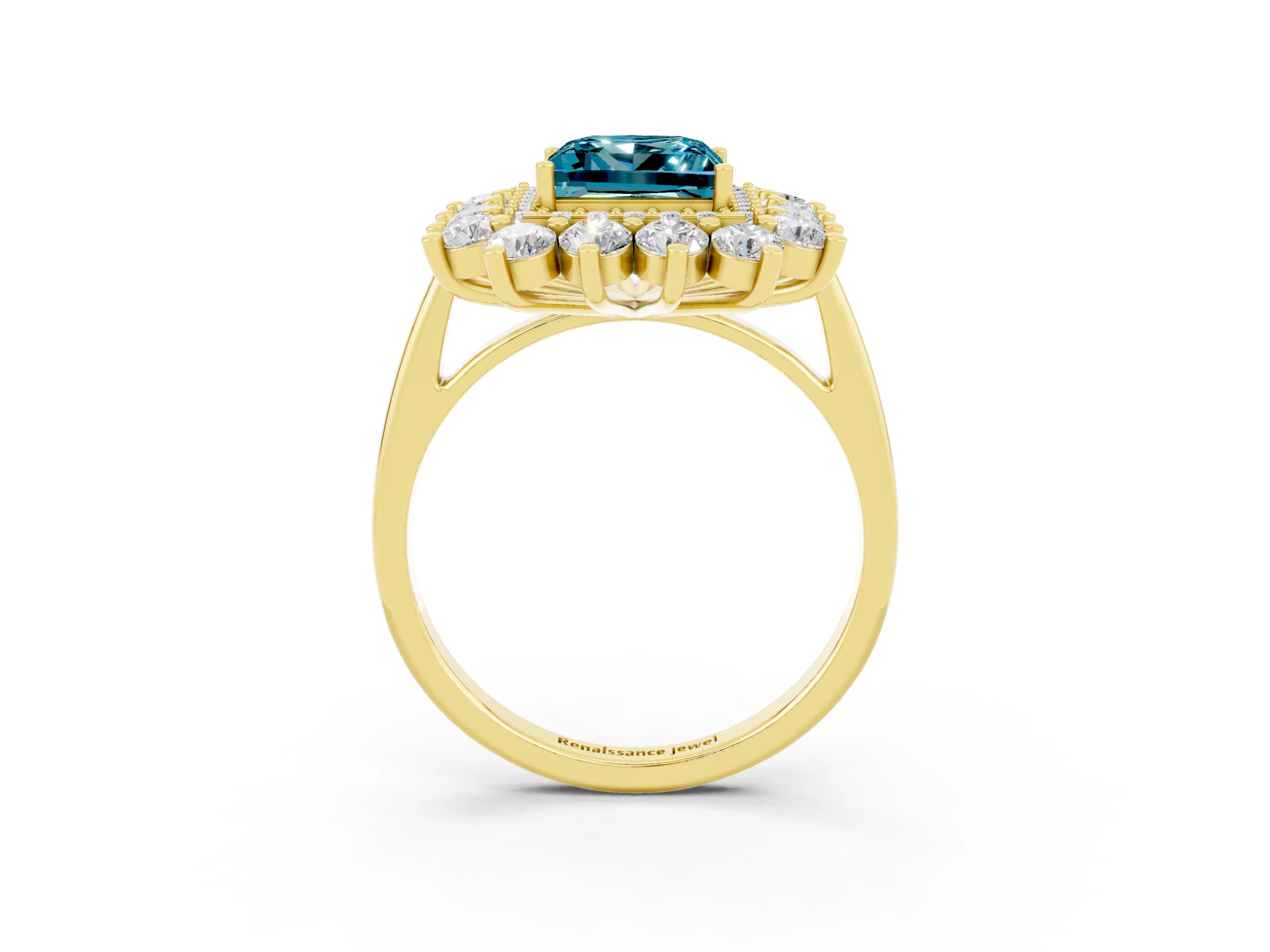 Yellow gold Princess Cut Halo Cluster Diamond Ring with Pave Band and Four-Prong Setting_3