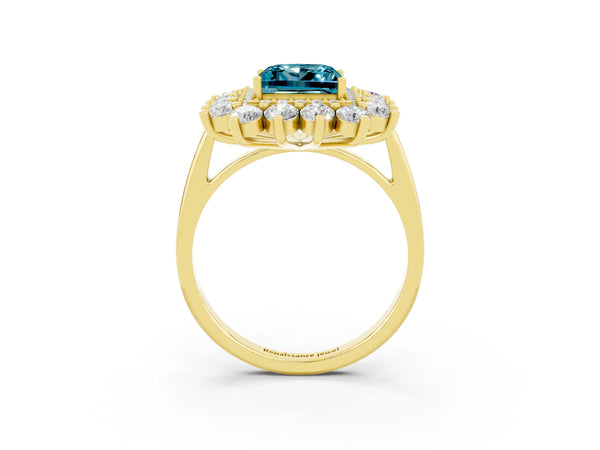 Yellow gold Princess Cut Halo Cluster Diamond Ring with Pave Band and Four-Prong Setting