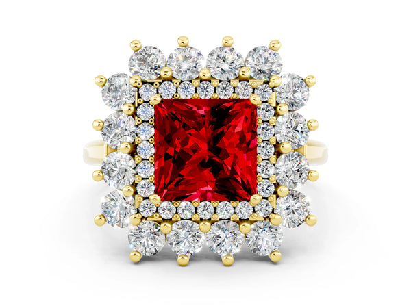 Yellow gold Princess Cut Ruby Floral Double Halo Engagement Ring with Prong Setting