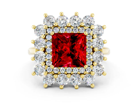 Yellow gold Princess Cut Halo Cluster Diamond Ring with Pave Band and Four-Prong Setting_30