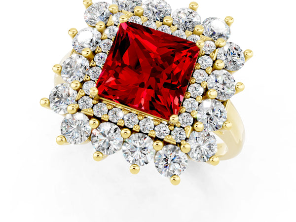 Yellow gold Princess Cut Ruby Floral Double Halo Engagement Ring with Prong Setting