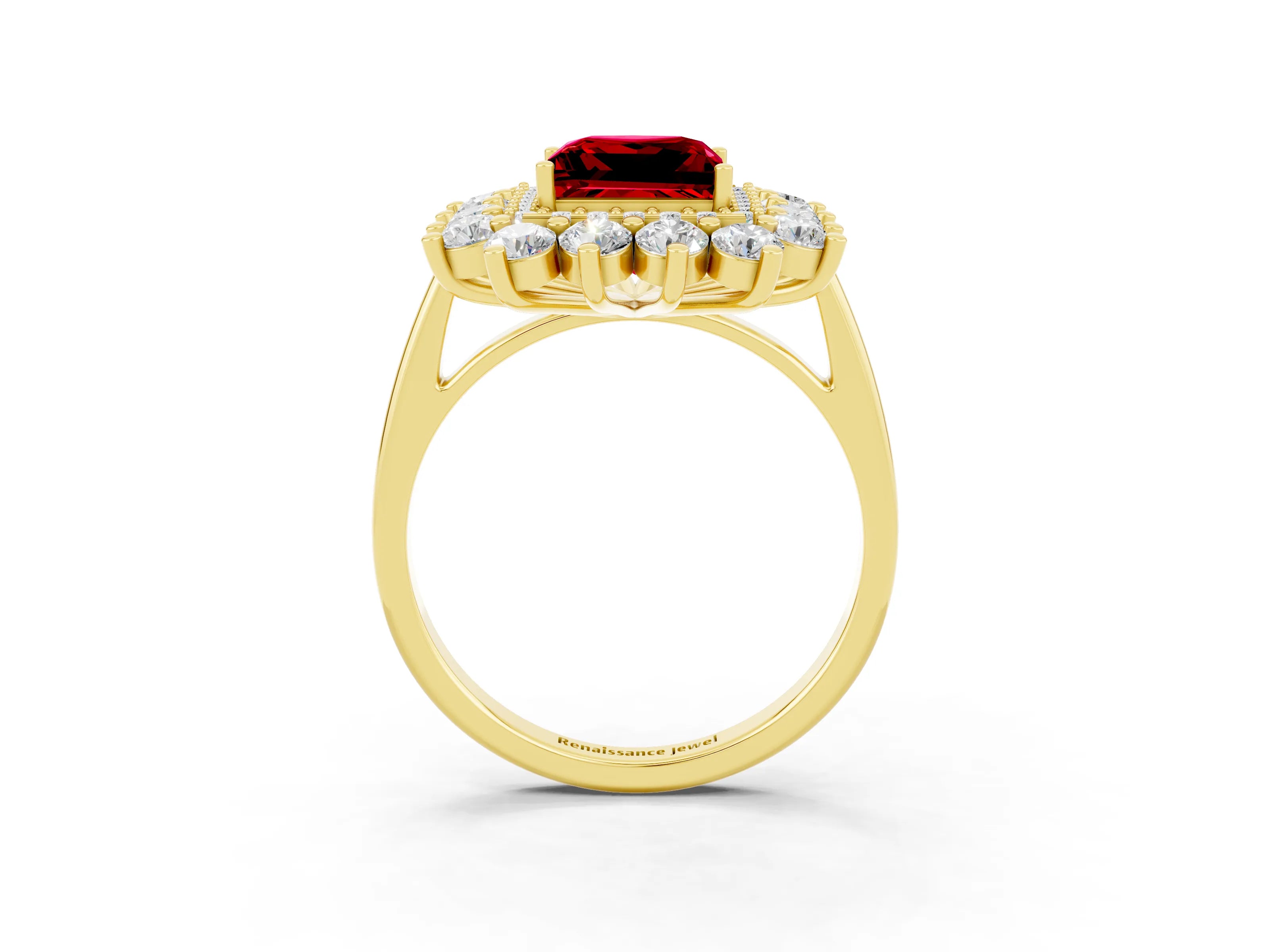 Yellow gold Princess Cut Halo Cluster Diamond Ring with Pave Band and Four-Prong Setting_3