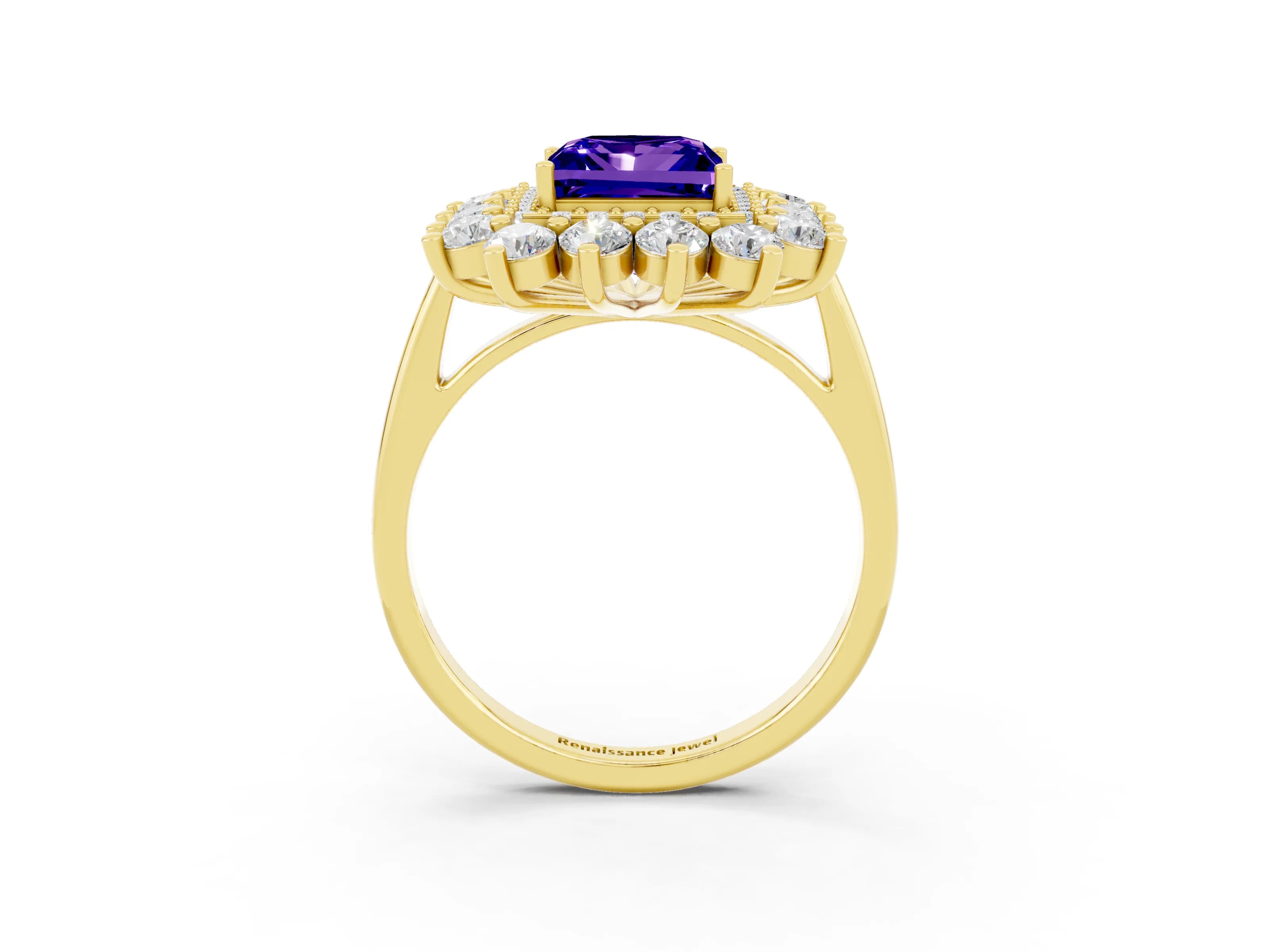 Yellow gold Princess Cut Halo Cluster Diamond Ring with Pave Band and Four-Prong Setting_3