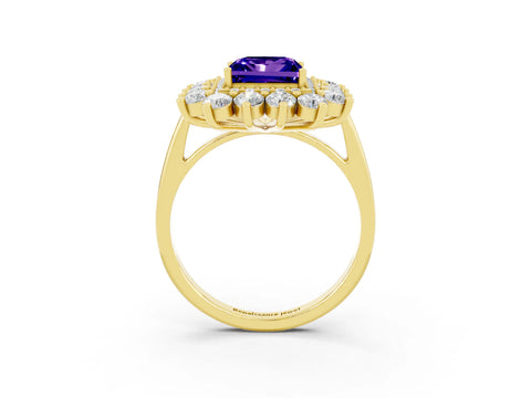 Yellow gold Princess Cut Halo Cluster Diamond Ring with Pave Band and Four-Prong Setting_3