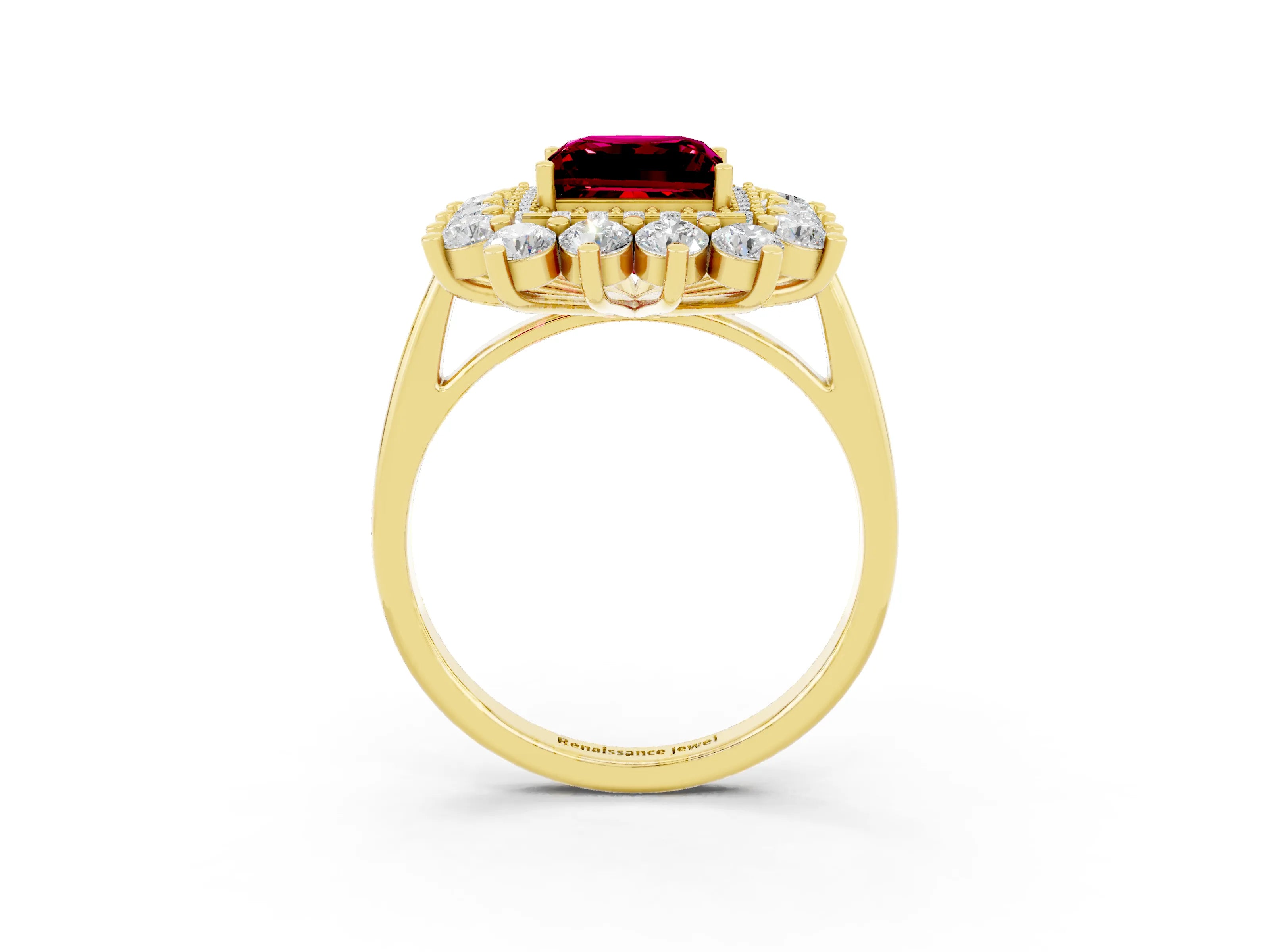 Yellow gold Princess Cut Halo Cluster Diamond Ring with Pave Band and Four-Prong Setting_3