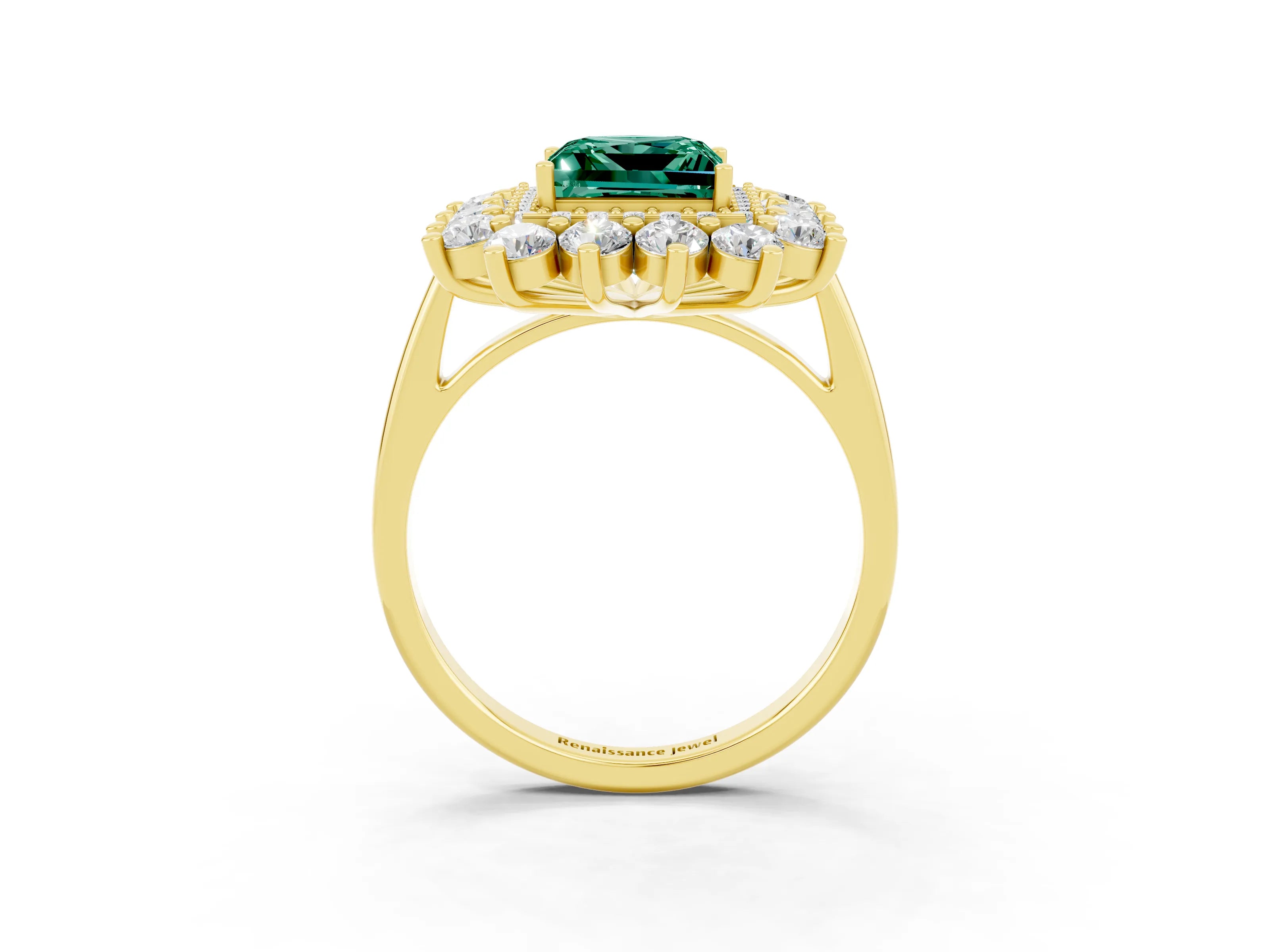 Yellow gold Princess Cut Halo Cluster Diamond Ring with Pave Band and Four-Prong Setting_3