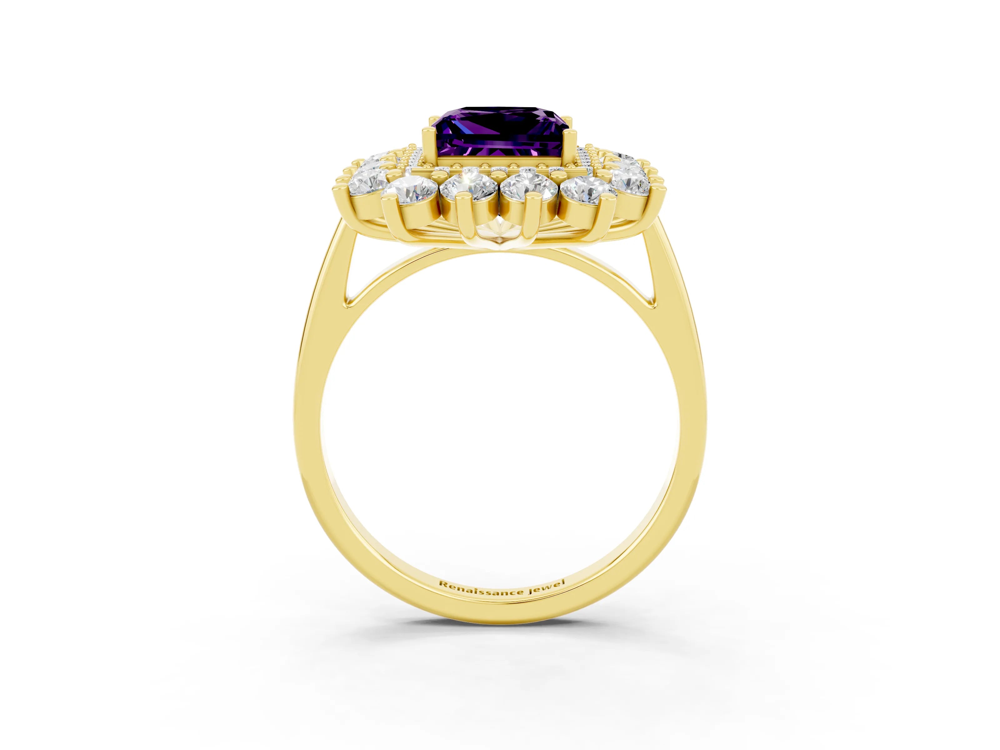 Yellow gold Princess Cut Halo Cluster Diamond Ring with Pave Band and Four-Prong Setting_3
