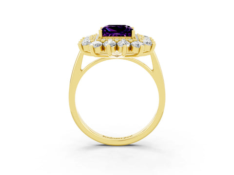 Yellow gold Princess Cut Halo Cluster Diamond Ring with Pave Band and Four-Prong Setting_3