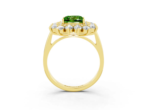 Yellow gold Princess Cut Halo Cluster Diamond Ring with Pave Band and Four-Prong Setting