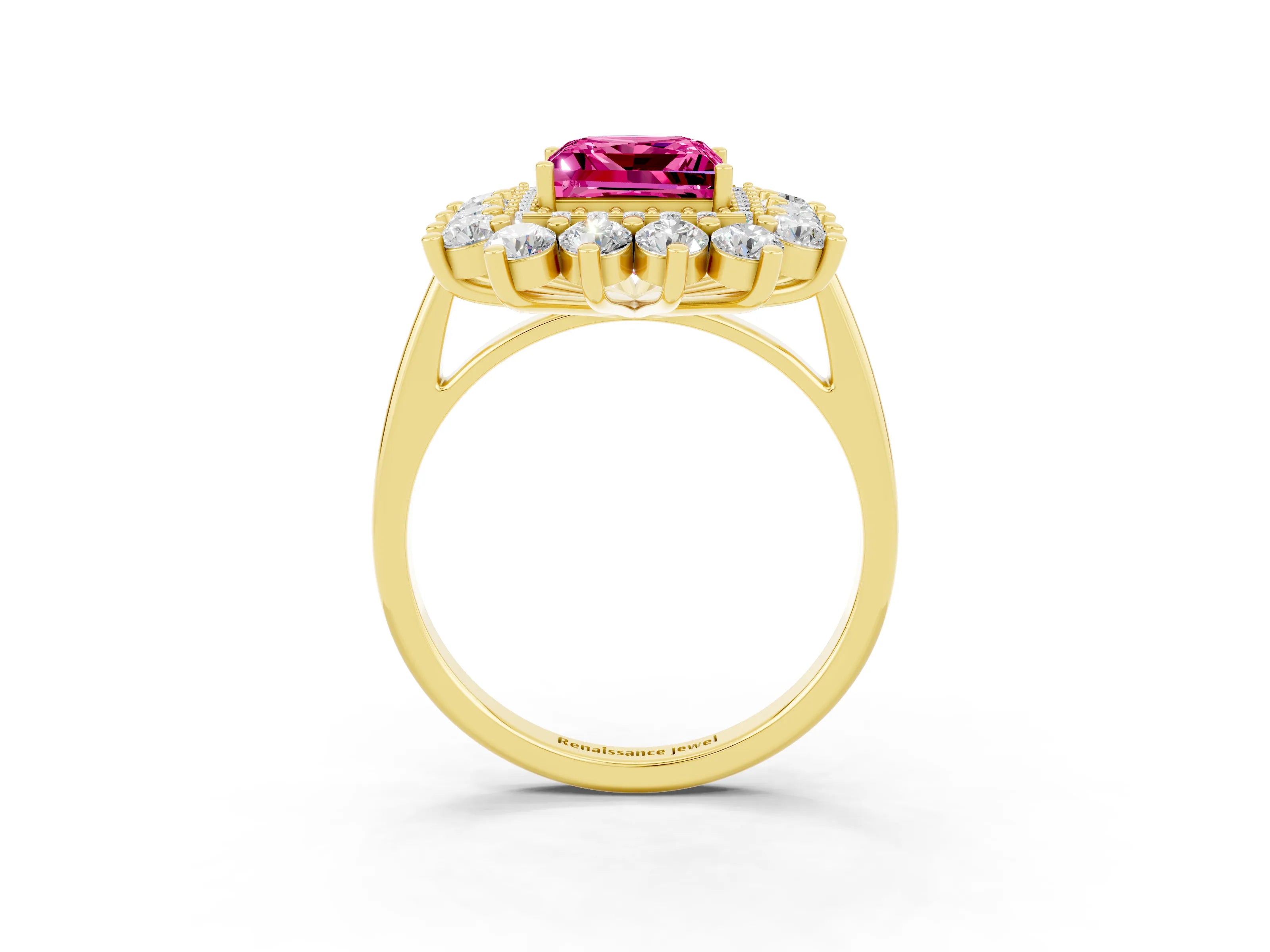 Yellow gold Princess Cut Halo Cluster Diamond Ring with Pave Band and Four-Prong Setting_3
