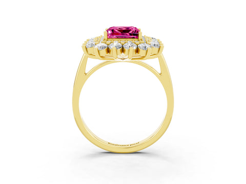Yellow gold Princess Cut Halo Cluster Diamond Ring with Pave Band and Four-Prong Setting_3