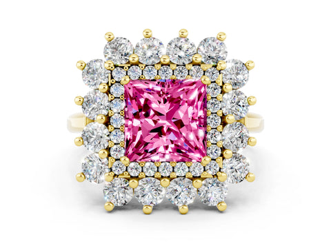 Yellow gold Princess Cut Halo Cluster Diamond Ring with Pave Band and Four-Prong Setting