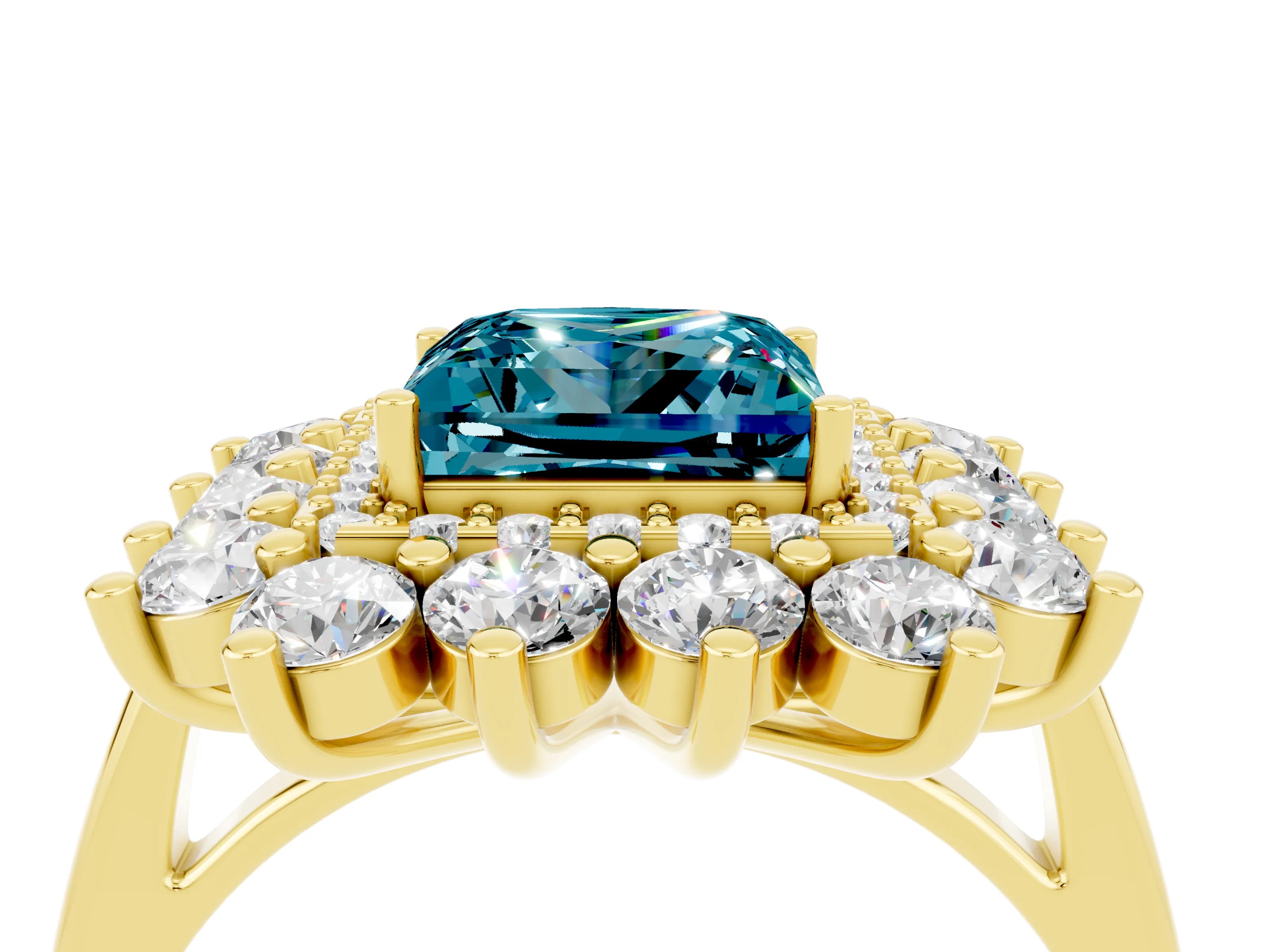 Yellow gold Princess Cut Halo Cluster Diamond Ring with Pave Band and Four-Prong Setting_4