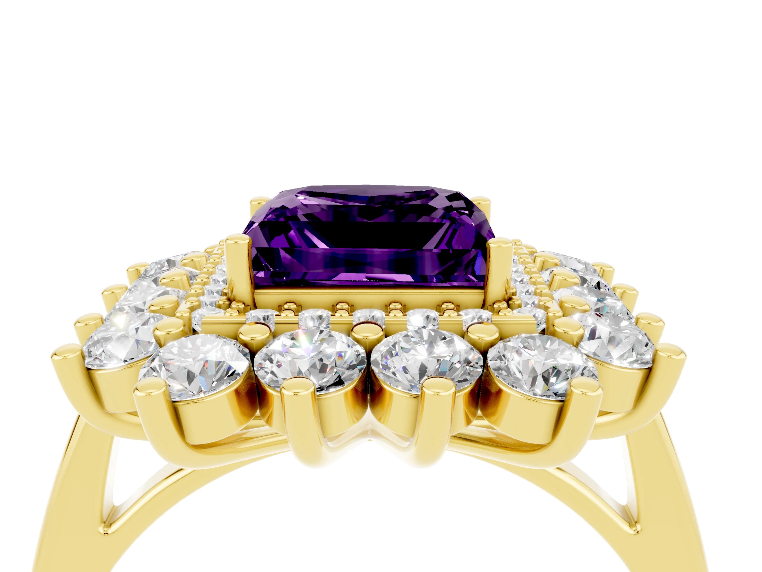 Yellow gold Princess Cut Halo Cluster Diamond Ring with Pave Band and Four-Prong Setting_4