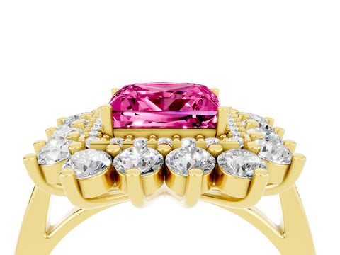 Yellow gold Princess Cut Halo Cluster Diamond Ring with Pave Band and Four-Prong Setting_4