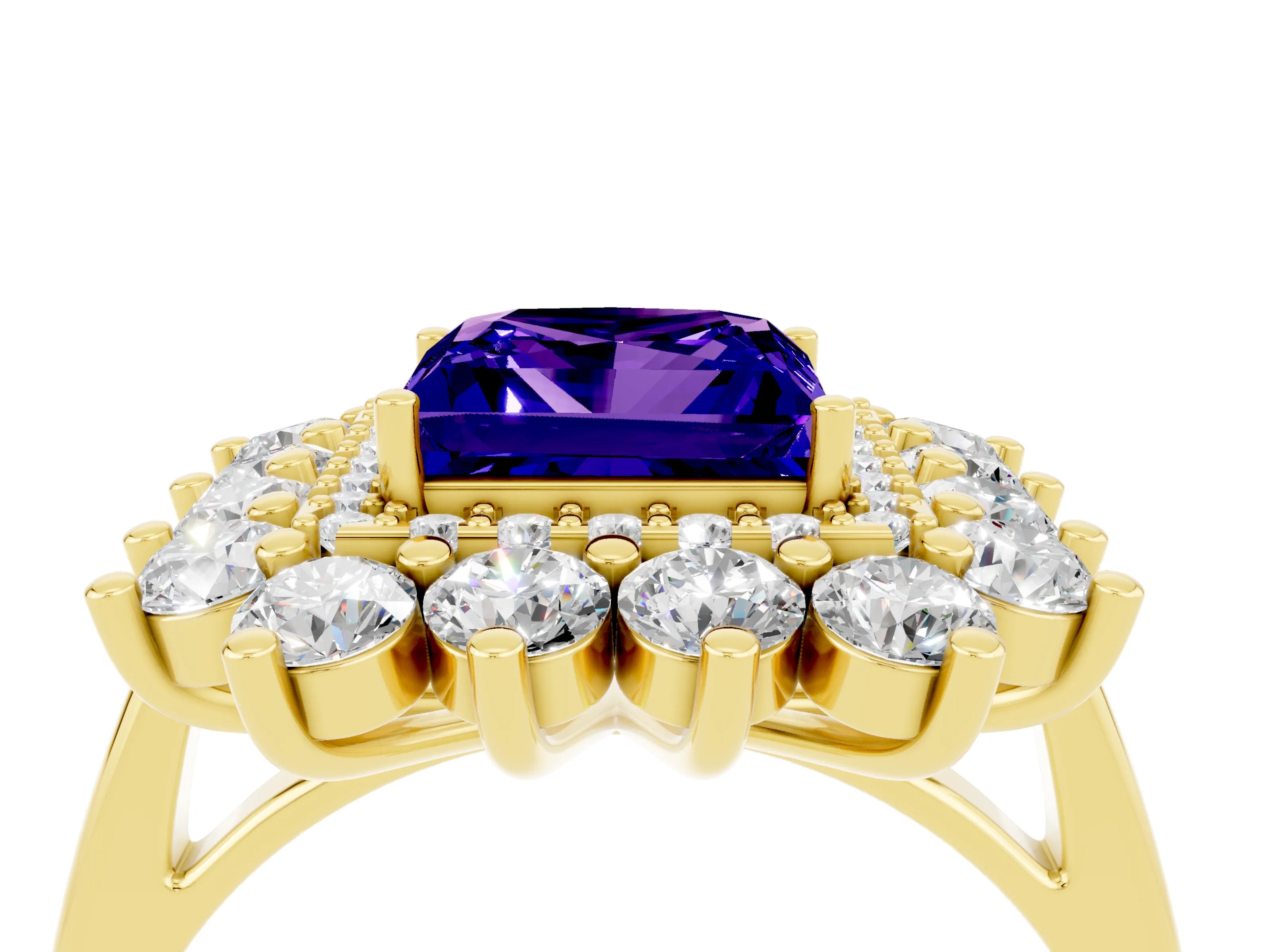 Yellow gold Princess Cut Halo Cluster Diamond Ring with Pave Band and Four-Prong Setting_4