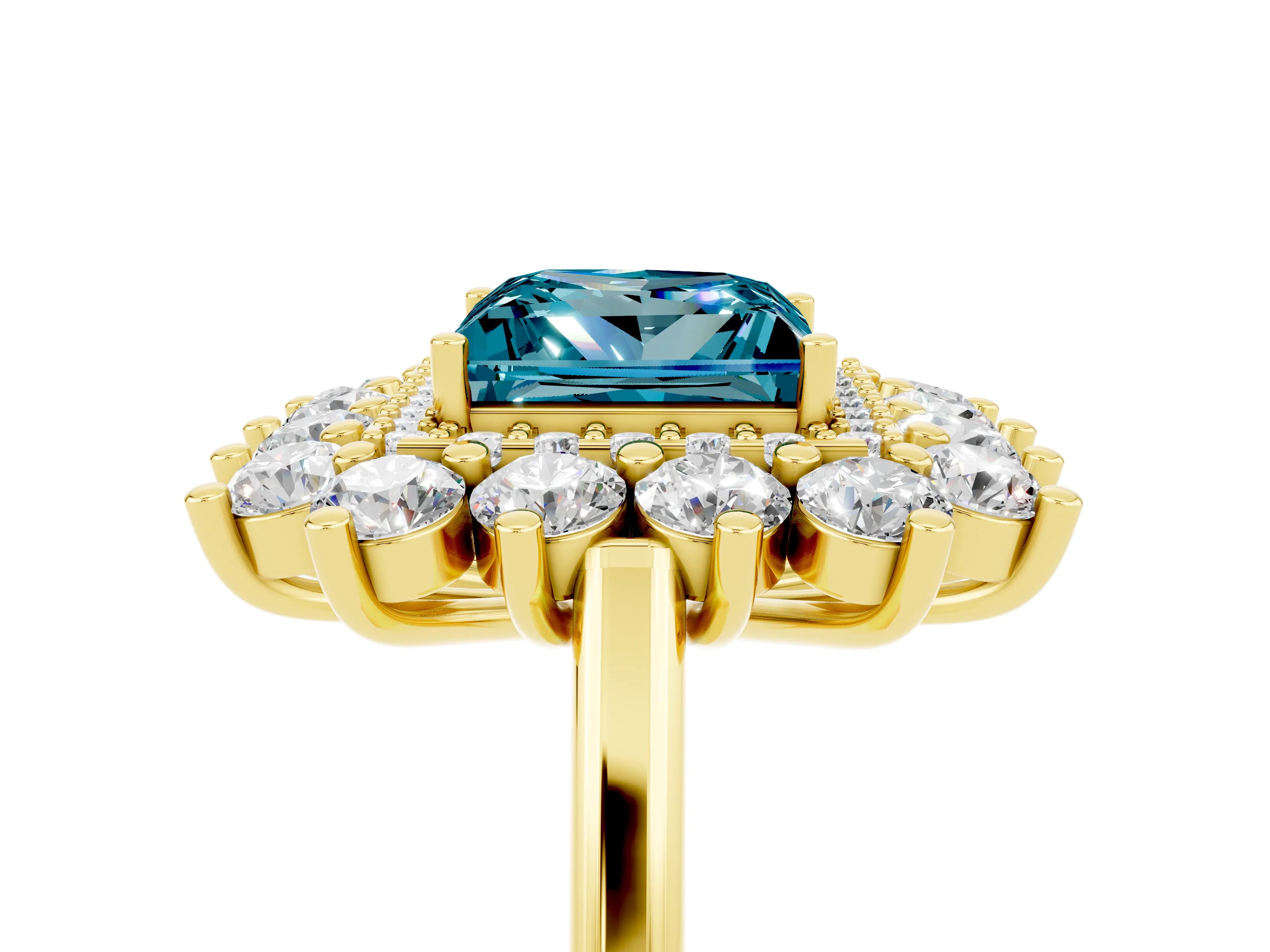 Yellow gold Princess Cut Halo Cluster Diamond Ring with Pave Band and Four-Prong Setting_5