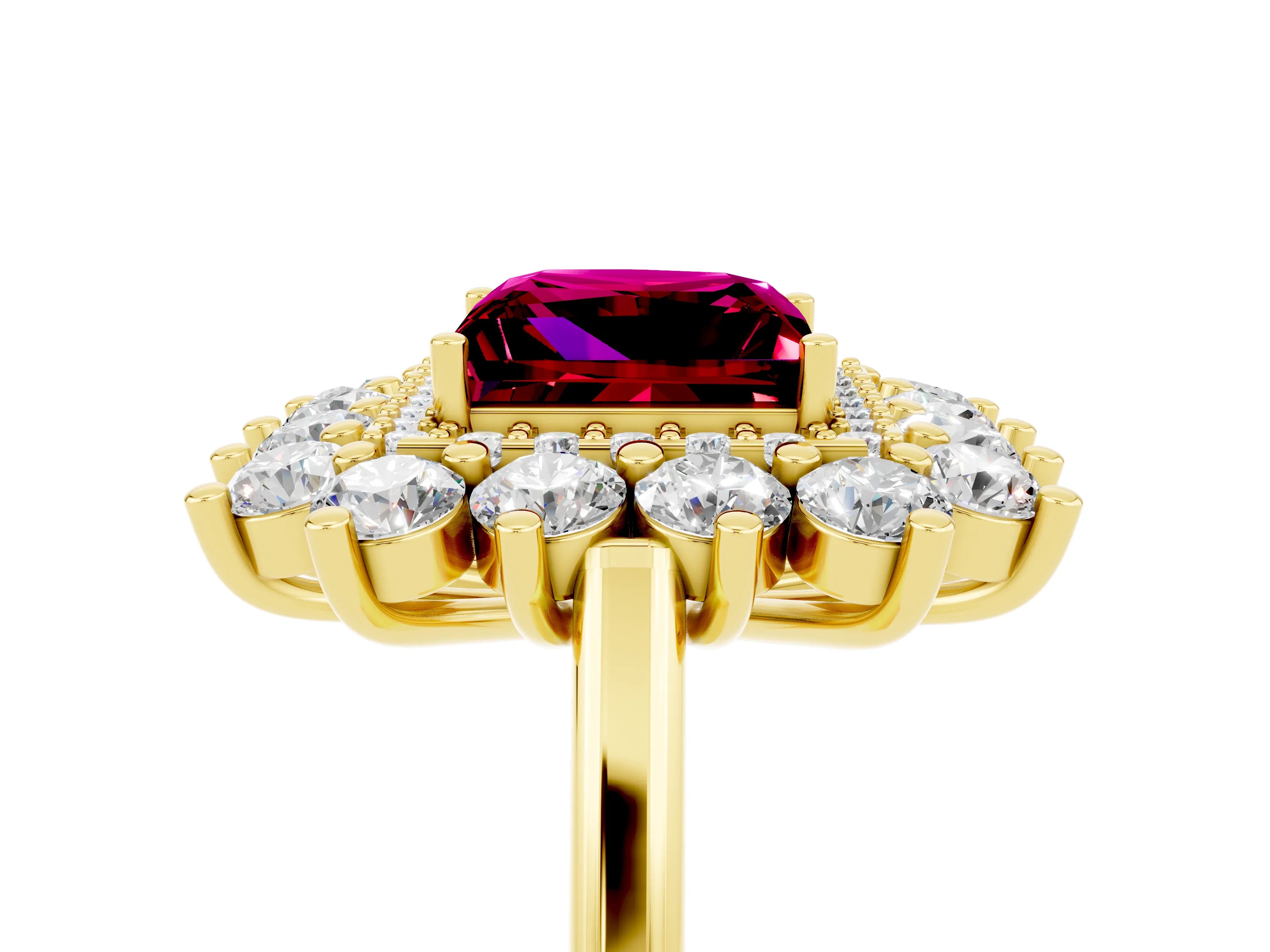Yellow gold Princess Cut Halo Cluster Diamond Ring with Pave Band and Four-Prong Setting_5