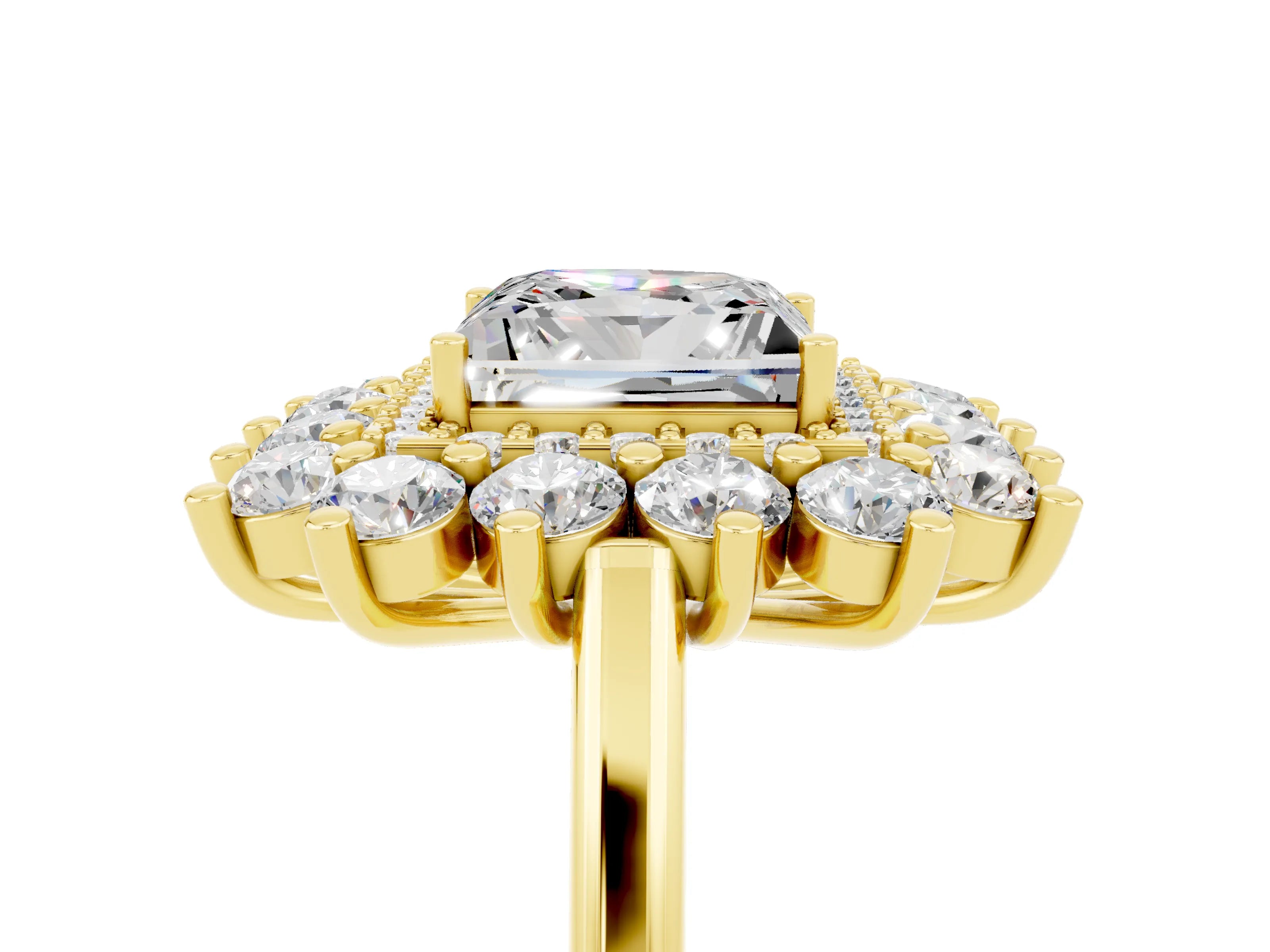 Yellow gold Princess Cut Halo Cluster Diamond Ring with Pave Band and Four-Prong Setting_5