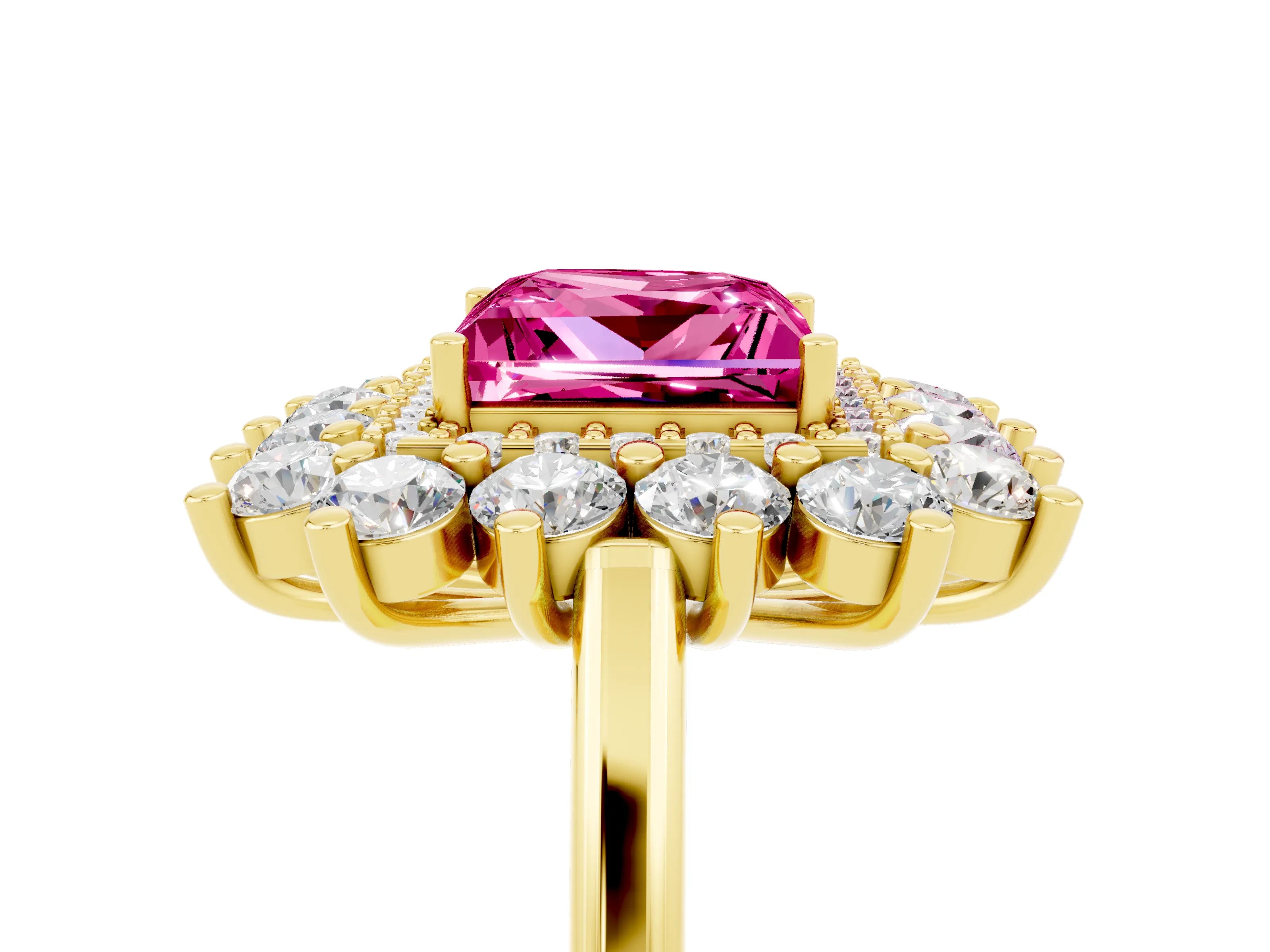 Yellow gold Princess Cut Halo Cluster Diamond Ring with Pave Band and Four-Prong Setting_5