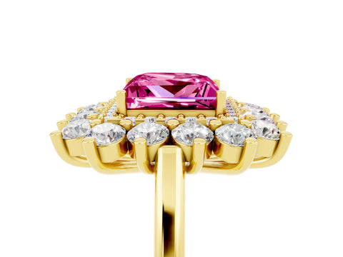 Yellow gold Princess Cut Halo Cluster Diamond Ring with Pave Band and Four-Prong Setting_5