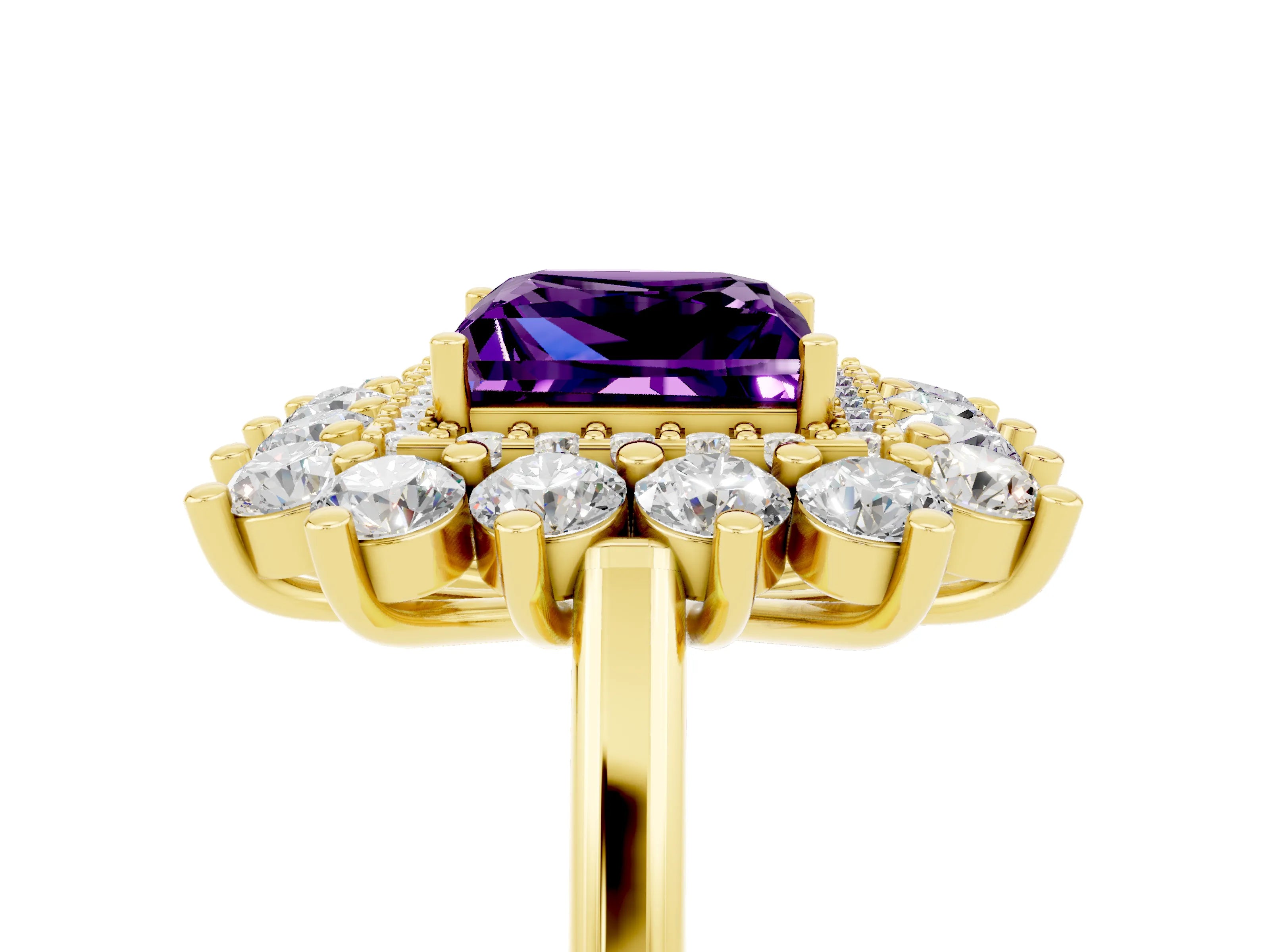 Yellow gold Princess Cut Halo Cluster Diamond Ring with Pave Band and Four-Prong Setting_5