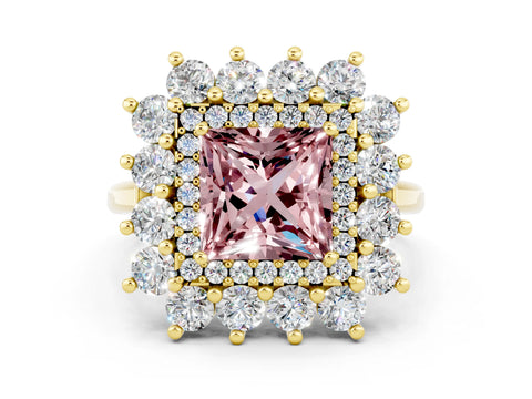 Yellow gold Princess Cut Halo Cluster Diamond Ring with Pave Band and Four-Prong Setting_6