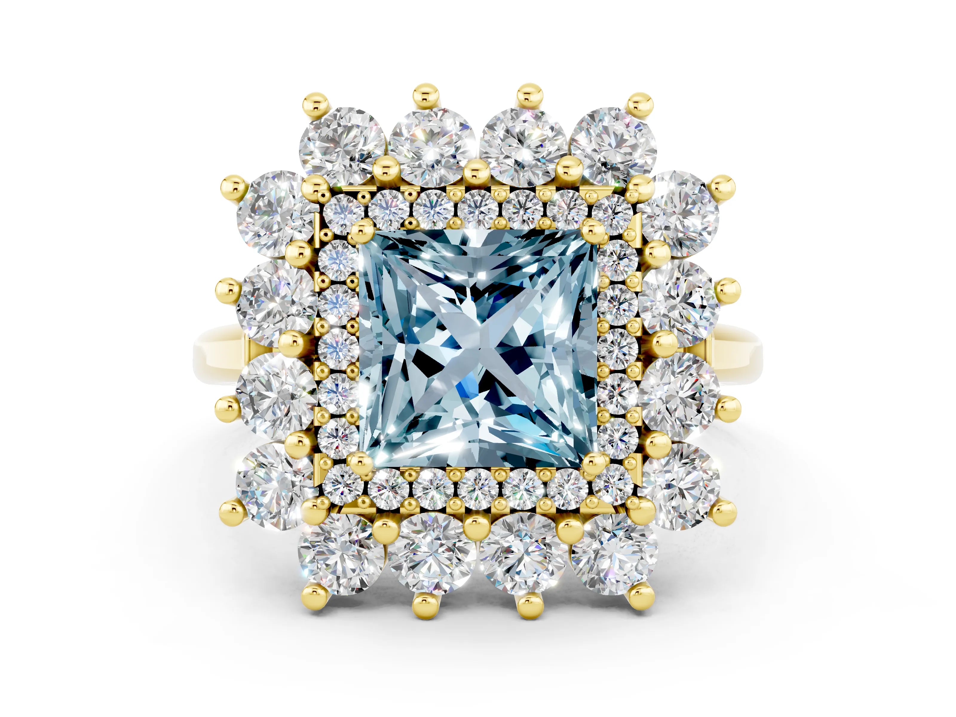 Yellow gold Princess Cut Halo Cluster Diamond Ring with Pave Band and Four-Prong Setting_6