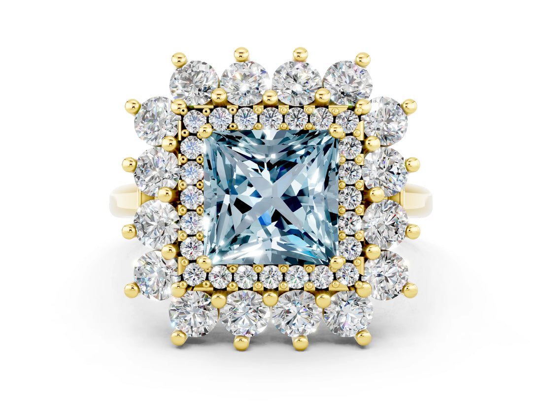 Yellow gold Princess Cut Halo Cluster Diamond Ring with Pave Band and Four-Prong Setting_6