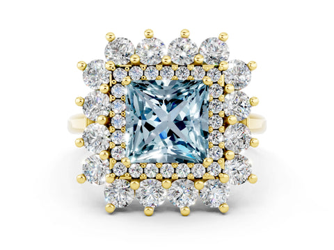 Yellow gold Princess Cut Halo Cluster Diamond Ring with Pave Band and Four-Prong Setting_6