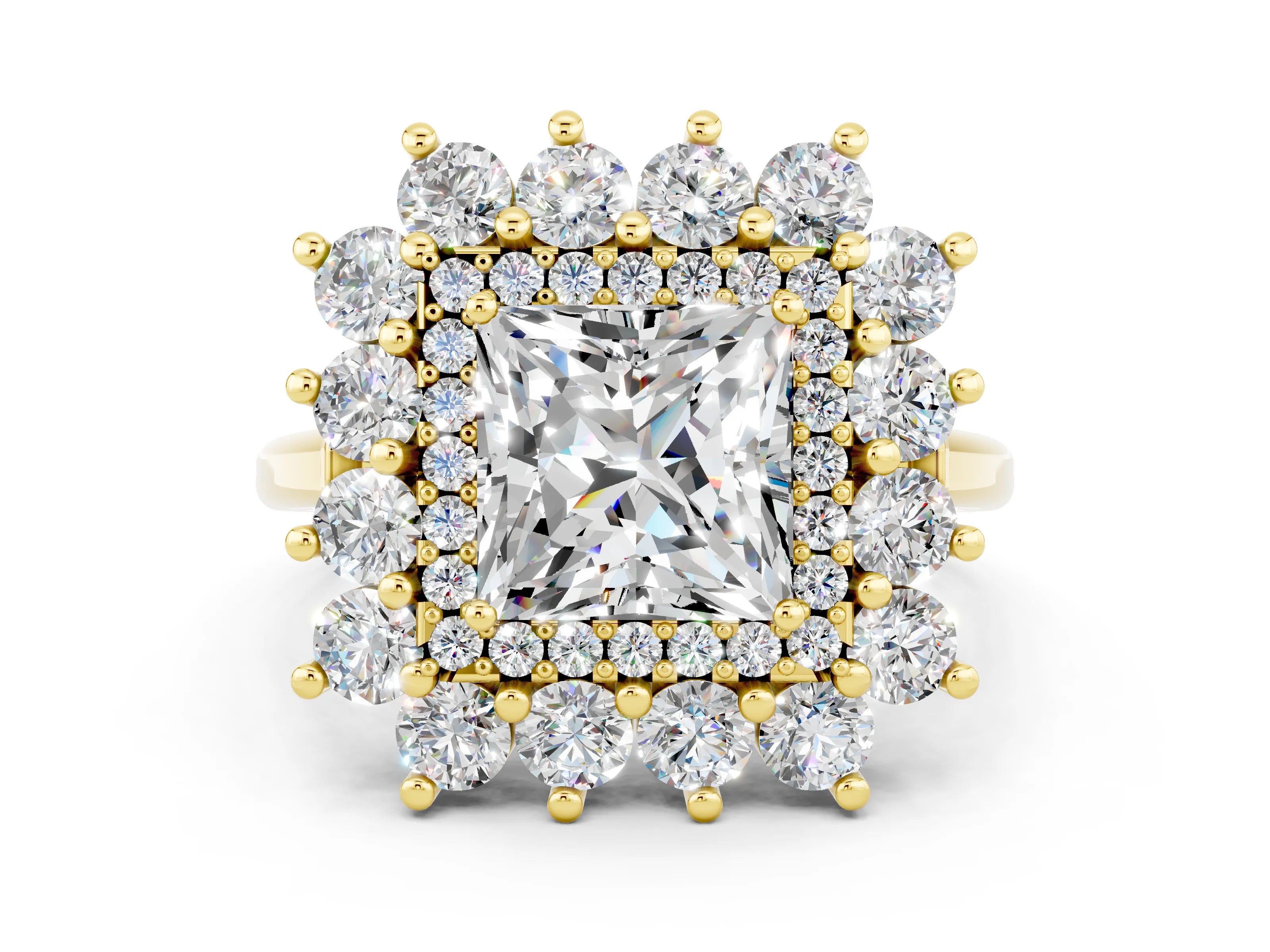 Yellow gold Princess Cut Halo Cluster Diamond Ring with Pave Band and Four-Prong Setting_6