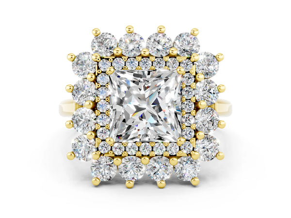 Yellow gold Princess Cut Moissanite Floral Double Halo Engagement Ring with Prong Setting