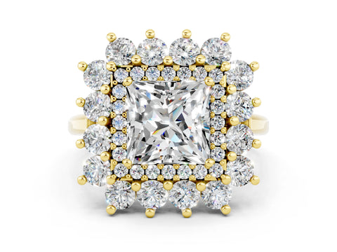Yellow gold Princess Cut Halo Cluster Diamond Ring with Pave Band and Four-Prong Setting_6