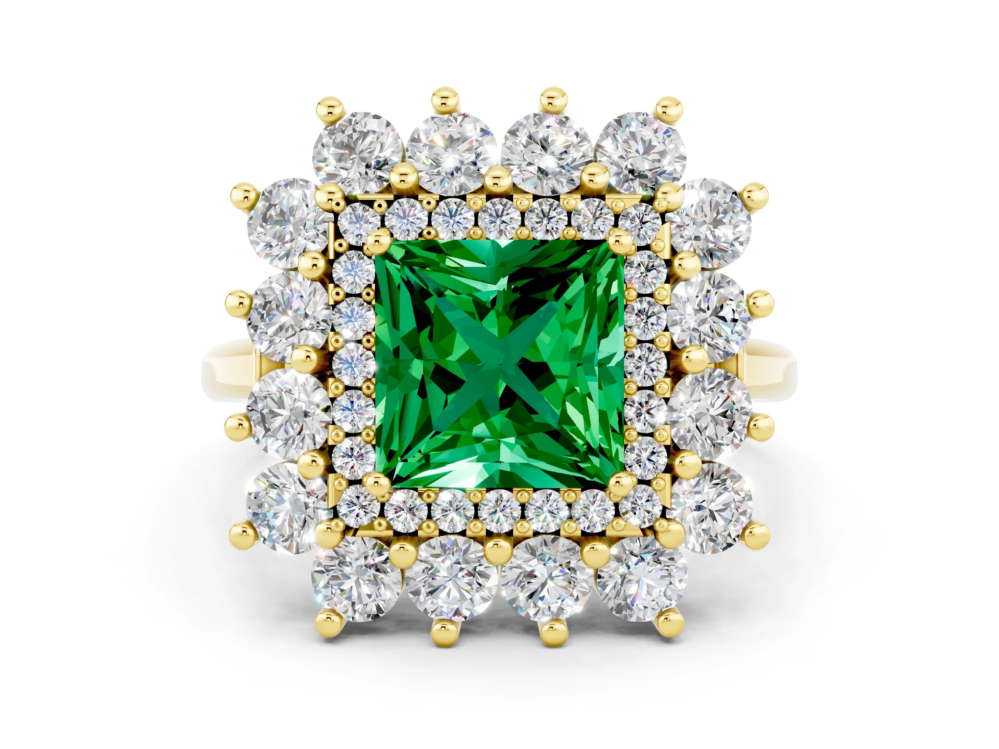 Yellow gold Princess Cut Halo Cluster Diamond Ring with Pave Band and Four-Prong Setting_6