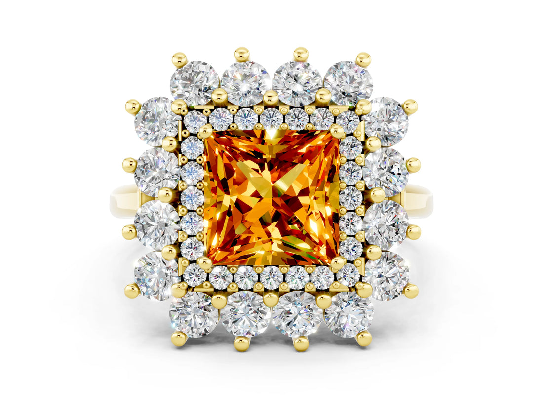 Yellow gold Princess Cut Halo Cluster Diamond Ring with Pave Band and Four-Prong Setting_6