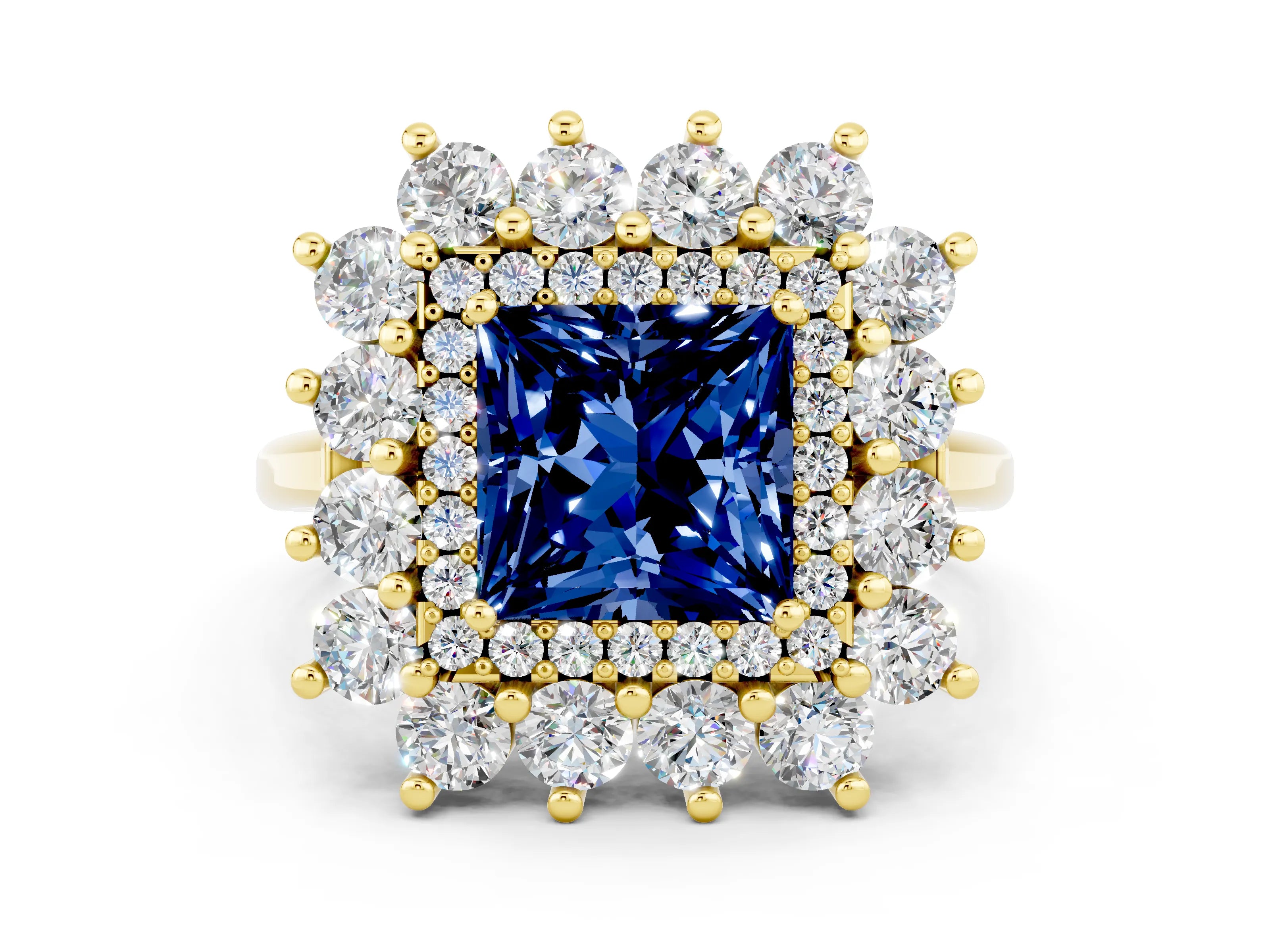 Yellow gold Princess Cut Halo Cluster Diamond Ring with Pave Band and Four-Prong Setting_6