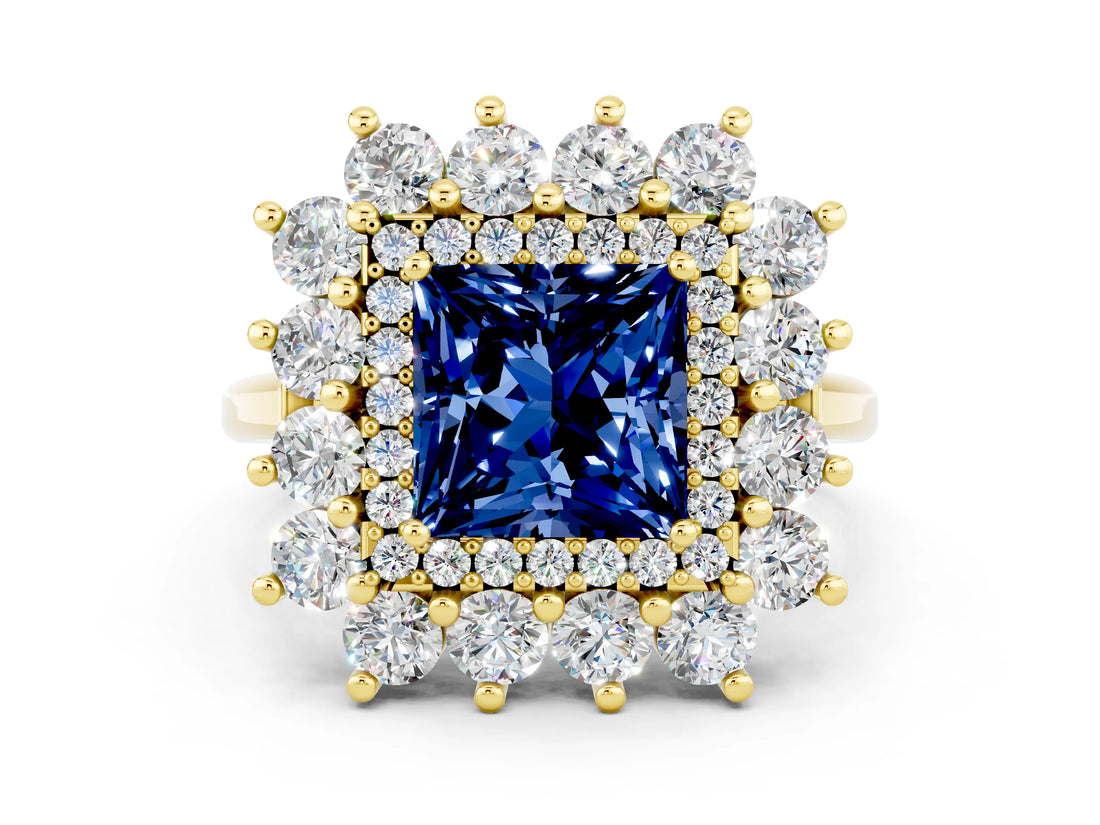 Yellow gold Princess Cut Halo Cluster Diamond Ring with Pave Band and Four-Prong Setting_6