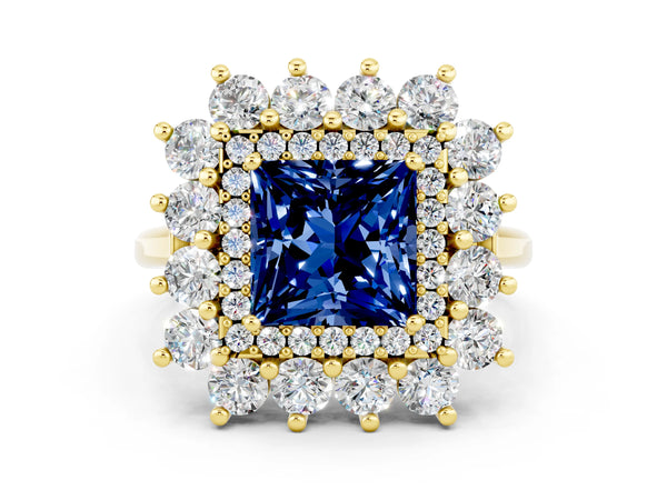 Yellow Gold Princess Cut Lab-Grown Blue Sapphire Floral Double Halo Engagement Ring with Plain Band