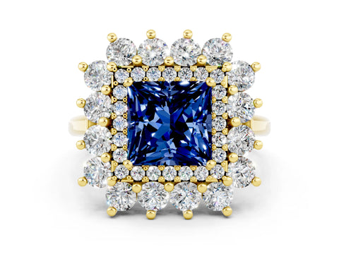 Yellow gold Princess Cut Halo Cluster Diamond Ring with Pave Band and Four-Prong Setting_6
