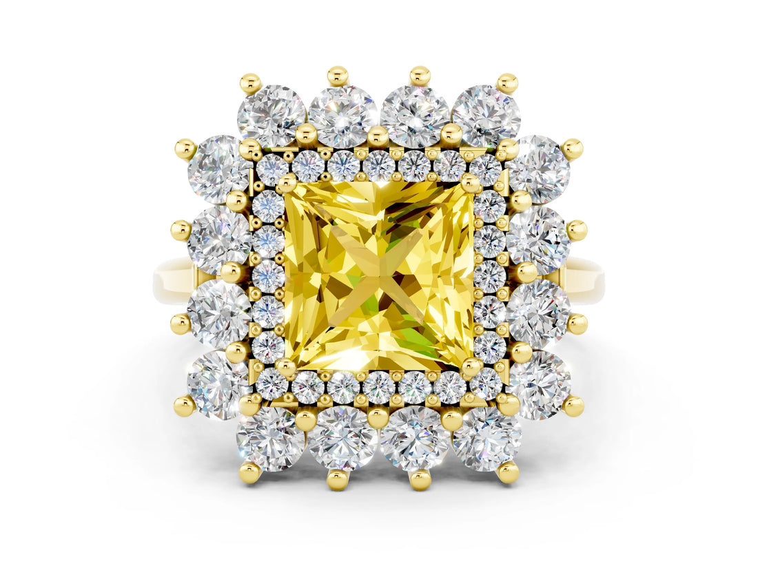 Yellow gold Princess Cut Halo Cluster Diamond Ring with Pave Band and Four-Prong Setting_6