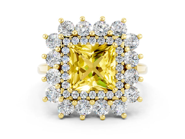 Yellow gold Princess Cut Yellow Sapphire Floral Double Halo Engagement Ring with Prong Setting