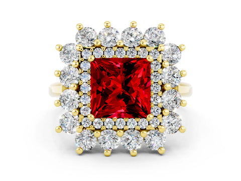 Yellow gold Princess Cut Halo Cluster Diamond Ring with Pave Band and Four-Prong Setting_6