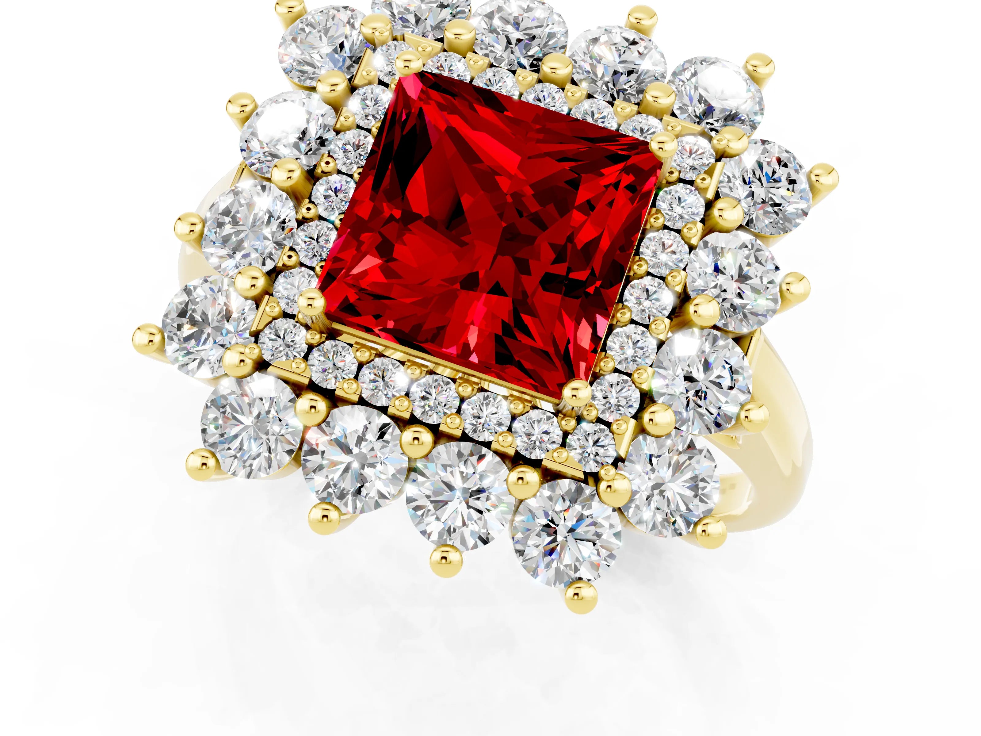 Yellow gold Princess Cut Halo Cluster Diamond Ring with Pave Band and Four-Prong Setting_7