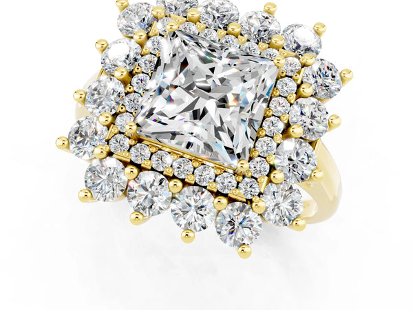 Yellow gold Princess Cut Moissanite Floral Double Halo Engagement Ring with Prong Setting