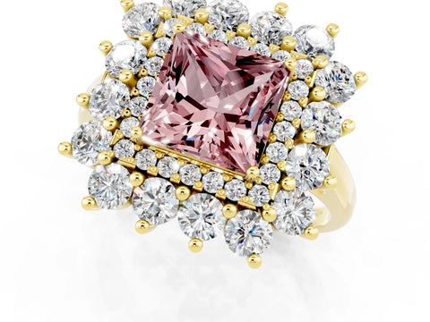 Yellow gold Princess Cut Halo Cluster Diamond Ring with Pave Band and Four-Prong Setting_7