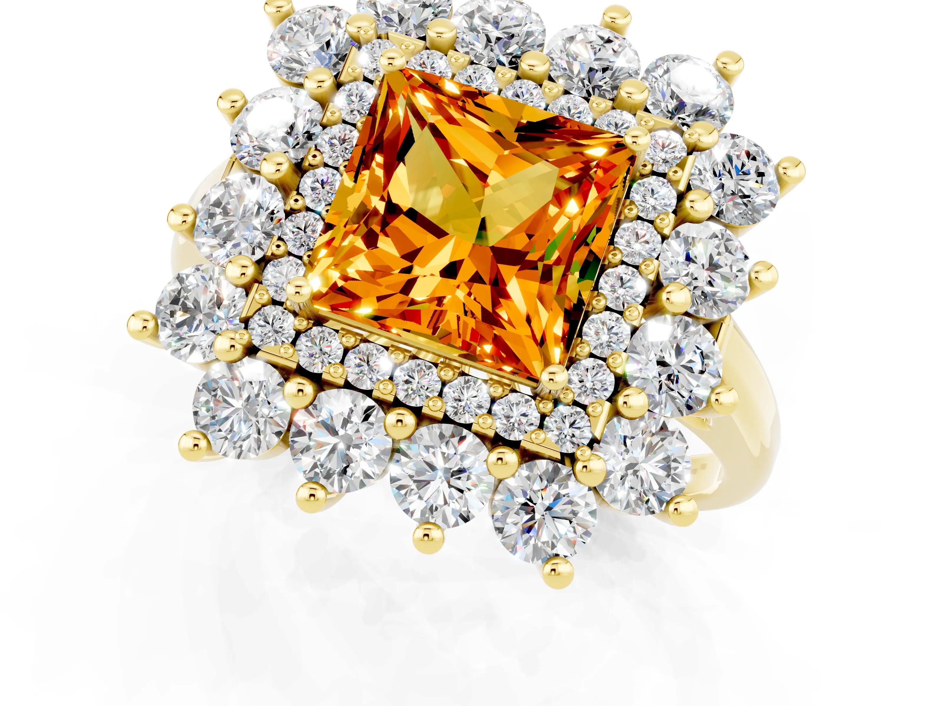 Yellow gold Princess Cut Halo Cluster Diamond Ring with Pave Band and Four-Prong Setting_7
