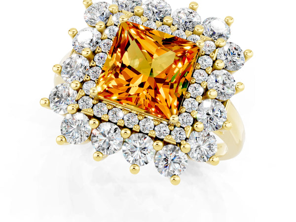 Yellow gold Princess Cut Citrine Floral Double Halo Engagement Ring with Prong Setting