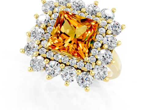 Yellow gold Princess Cut Halo Cluster Diamond Ring with Pave Band and Four-Prong Setting_7